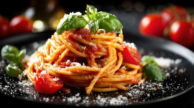 High resolution photo of delicious spaghetti with tomato sauce on black plate. Garnished with fresh basil leaves, parmesan cheese, tomatoes. Italian pasta dish at luxury restaurant.