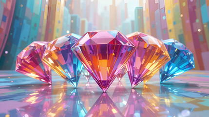 Eight colourful tilted diamonds rotating on a colourful glassy background. 3d illustration