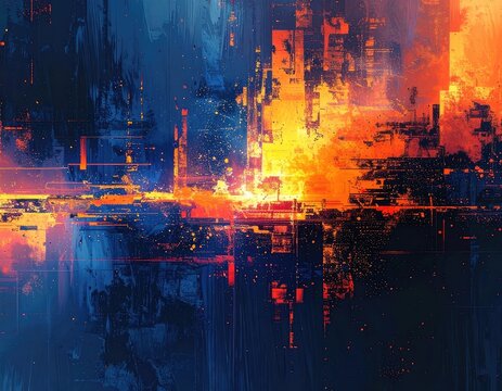 Glowing abstract cityscape with fiery orange and cool blue glitch art textures