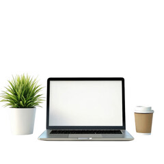 Fototapeta premium 3d laptop plant and coffee cup setup isolated on transparent background