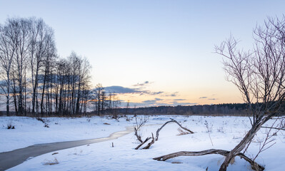 Snowy landscape with a river and a few trees