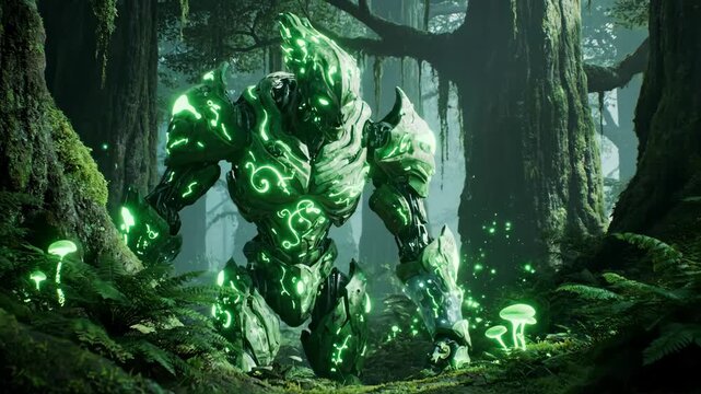 Forest Guardian: Animated Stone Golem with Glowing Runes in Enchanted Woods