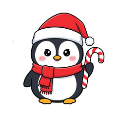 Cute penguin wearing santa hat and scarf