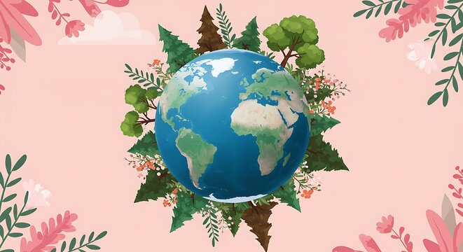 Earth globe encircled by stylized greenery and flowers against a soft pink backdrop with fluffy clouds