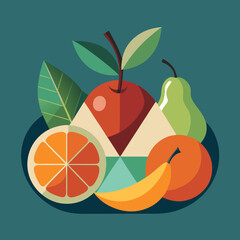 Abstract geometric arrangement of fresh fruits on a teal background
