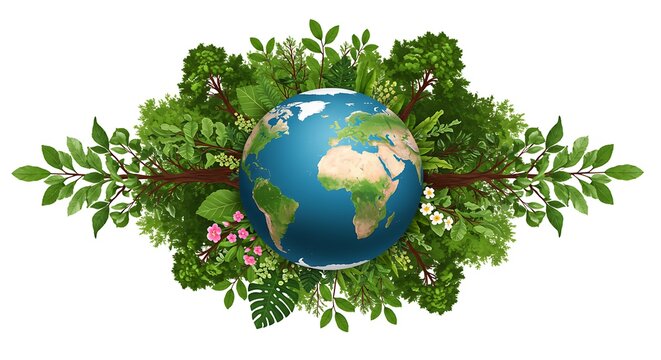 Earth globe surrounded by green leaves, symbolizing nature and environmental preservation