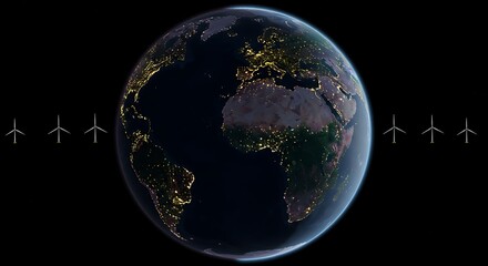 Earth illuminated, surrounded by wind turbines, representing renewable energy and global consciousness