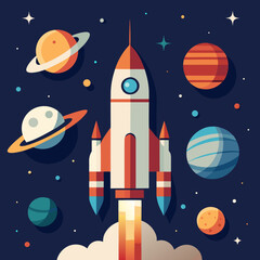 Colorful rocket launching into space among planets and stars illustration