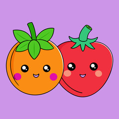Adorable kawaii orange and strawberry friends smiling together on purple background