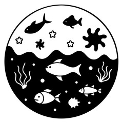 Whimsical underwater scene with fish and marine life in silhouette