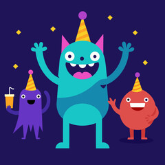 Three happy cartoon monsters celebrating a birthday party with party hats and confetti