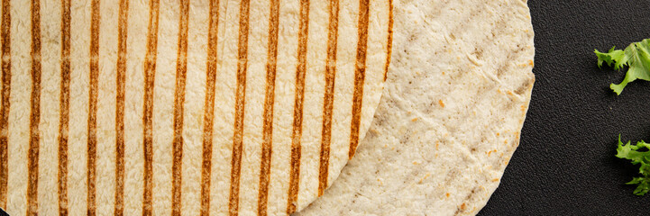 Lavash grill flatbreads ready to eat tasty snack fresh gourmet food background on table rustic food top view copy space