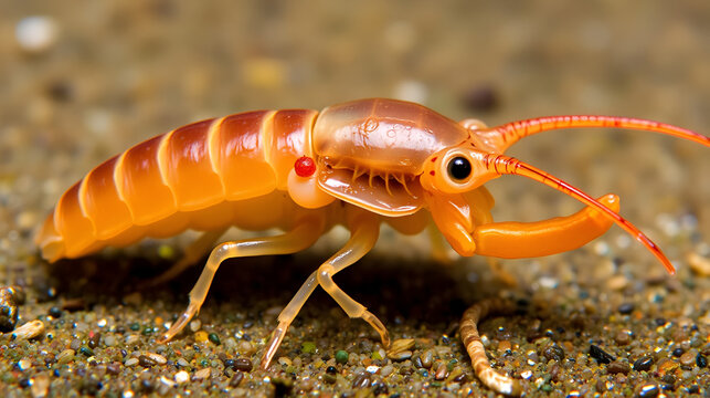 A macro underwater photograph of a freshwater amphipod (Gammarus lacustris), commonly known as a scud. The specimen is visibly infected with a parasitic Acanthocephalan worm, evident as an orange spot