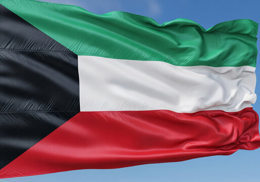 Waving Kuwaiti Flag A Symbol of National Identity and Pride, Evoking Patriotism and Cultural Heritage in Vivid Colors Against a Blue Sky