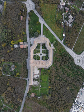 Aerial view of Palazzo Abbaziale Loreto di Montevergine, Montevergine, Irpinia, Italy.