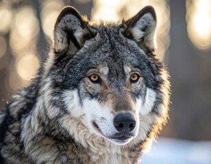 Obraz premium A majestic gray wolf with amber eyes gazes forward in a snowy, sunlit forest