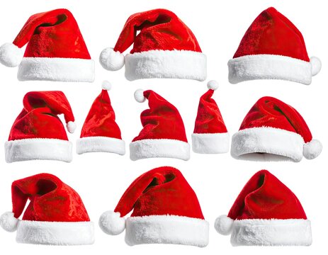 A collection of eleven classic red and white festive hats on a white background