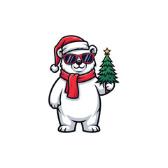 Cute polar bear wearing santa hat and scarf holding christmas tree isolated