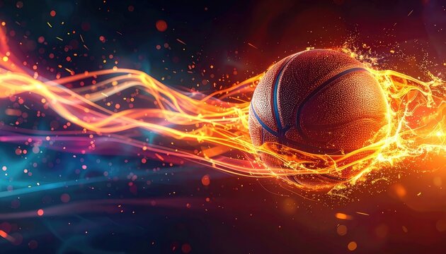 A flaming basketball soars through vibrant, sparkling, colorful light streaks