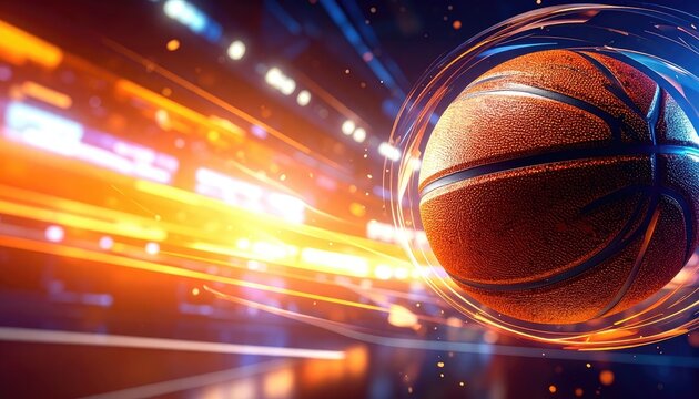 Dynamic basketball in motion with vibrant, glowing light trails and stadium lights