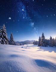 Fototapeta premium A snowy pine forest under a magical, starry night sky as snowflakes fall