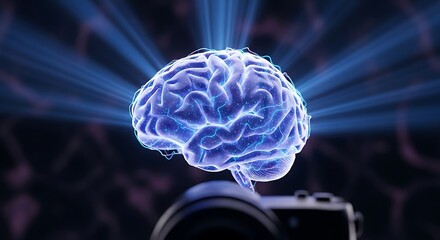 Human brain hologram with VR headset for digital metaverse experiences