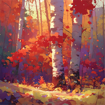 Enchanting autumn forest bathed in warm, golden sunlight, with vibrant red and orange leaves creating a breathtaking natural spectacle