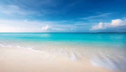 Fototapeta premium Minimalistic Beach Background Featuring White Sand In Sharp Focus With A Blurred Turquoise Ocean And Sky In The Distance The Soft Bokeh Effect Creates A Dreamy Calm Atmosphere Ideal For Summer Theme