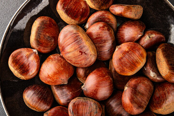 Edible chestnuts delicious treat tasty snack fresh gourmet food background on table rustic food top view copy space