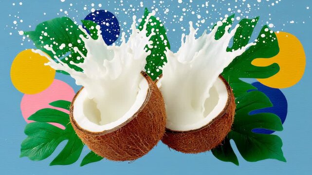 Splitting coconuts reveal creamy interior as milk splashes dramatically, vibrant colors and tropical leaves enhance visual appeal, showcasing refreshing beverage concept with dynamic action flow