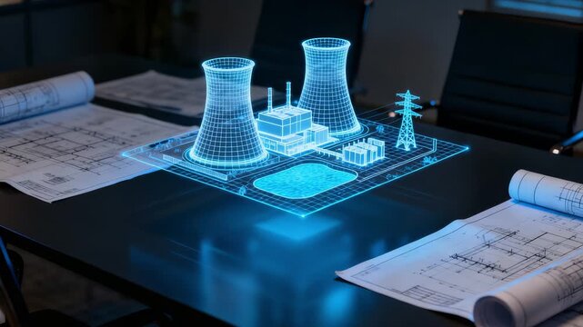 architect presents augmented cooling tower hologram over blueprints
