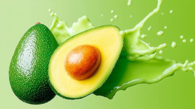 Fresh green avocado halves with vibrant splash of green liquid, showcasing the juicy interior and smooth texture, captured in a dynamic zoom-in sequence emphasizing freshness and vitality