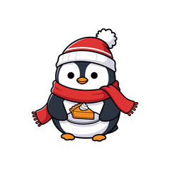 Adorable penguin wearing santa hat holding pumpkin pie