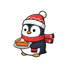 Adorable penguin wearing santa hat holding pumpkin pie