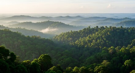 Obraz premium Misty Rainforest Canopy: Green Forest Hills in Morning Sunlight