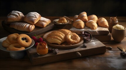mouthwatering collection of gourmet cream‑filled bakery treats showcased in a cozy afternoon pastry spread fresh baked croissants