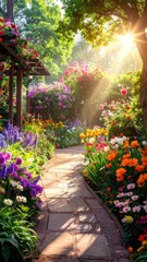 A sunlit stone path winds through a vibrant, colorful flower garden at sunrise