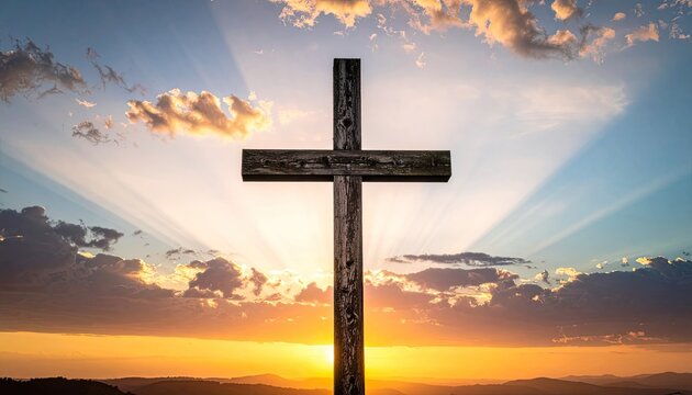 A wooden cross silhouetted against a radiant sunrise with beaming light rays