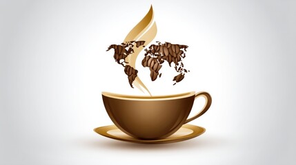 A steaming cup reveals a world map made of coffee beans rising from the beverage, symbolizing the global coffee culture and diverse origins of this beloved drink