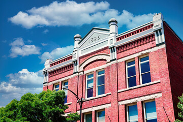 Historic red brick building under a vibrant blue sky, showcasing classic architecture and lush greenery.