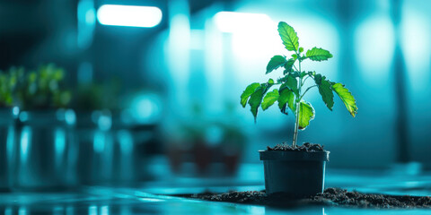 A Young Plant Thriving in a Stylish Indoor Environment Enhanced with Modern Lighting Features