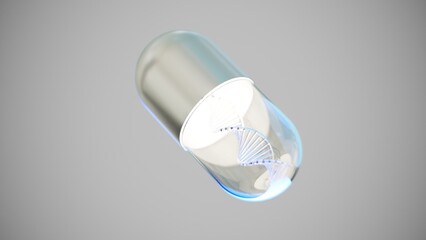 A pill with a DNA spiral inside, modern medicines, 3d concept, benefit or harm