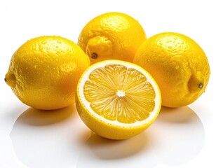 Four fresh, wet yellow lemons, one sliced open, on a white reflective surface