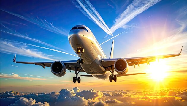 A passenger airplane approaches for landing during a vibrant, cloudy sunset