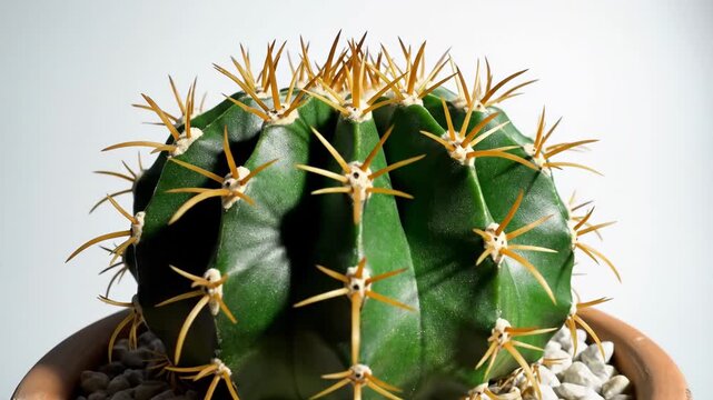 Close up of a green cactus in a decorative pot against a white background