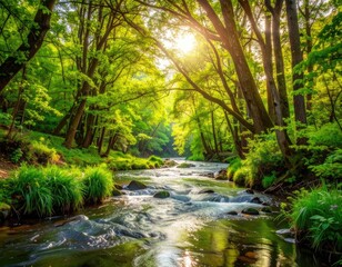 Sunlight streams through a lush green forest over a clear, rocky river