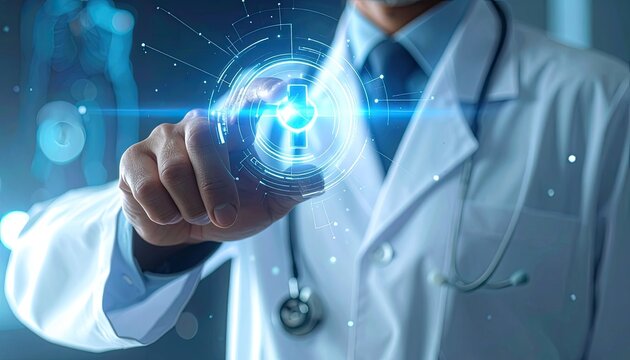 Doctor interacts with a futuristic holographic display of a joint