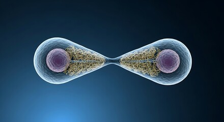 Cell division mitosis process, scientific biological illustration, on blue background