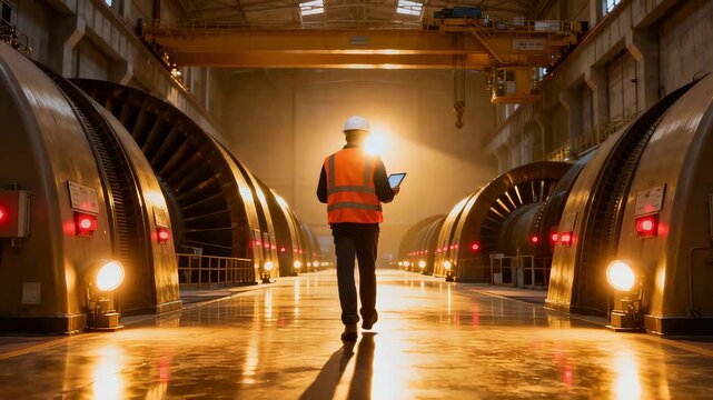 Evening safety personnel audits brightly lit power station interior