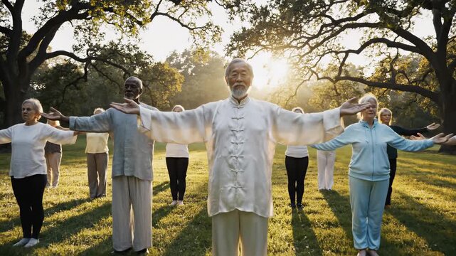 Group of seniors practicing tai chi in a sunlit park, showcasing graceful movements and unity, with camera smoothly panning across the scene